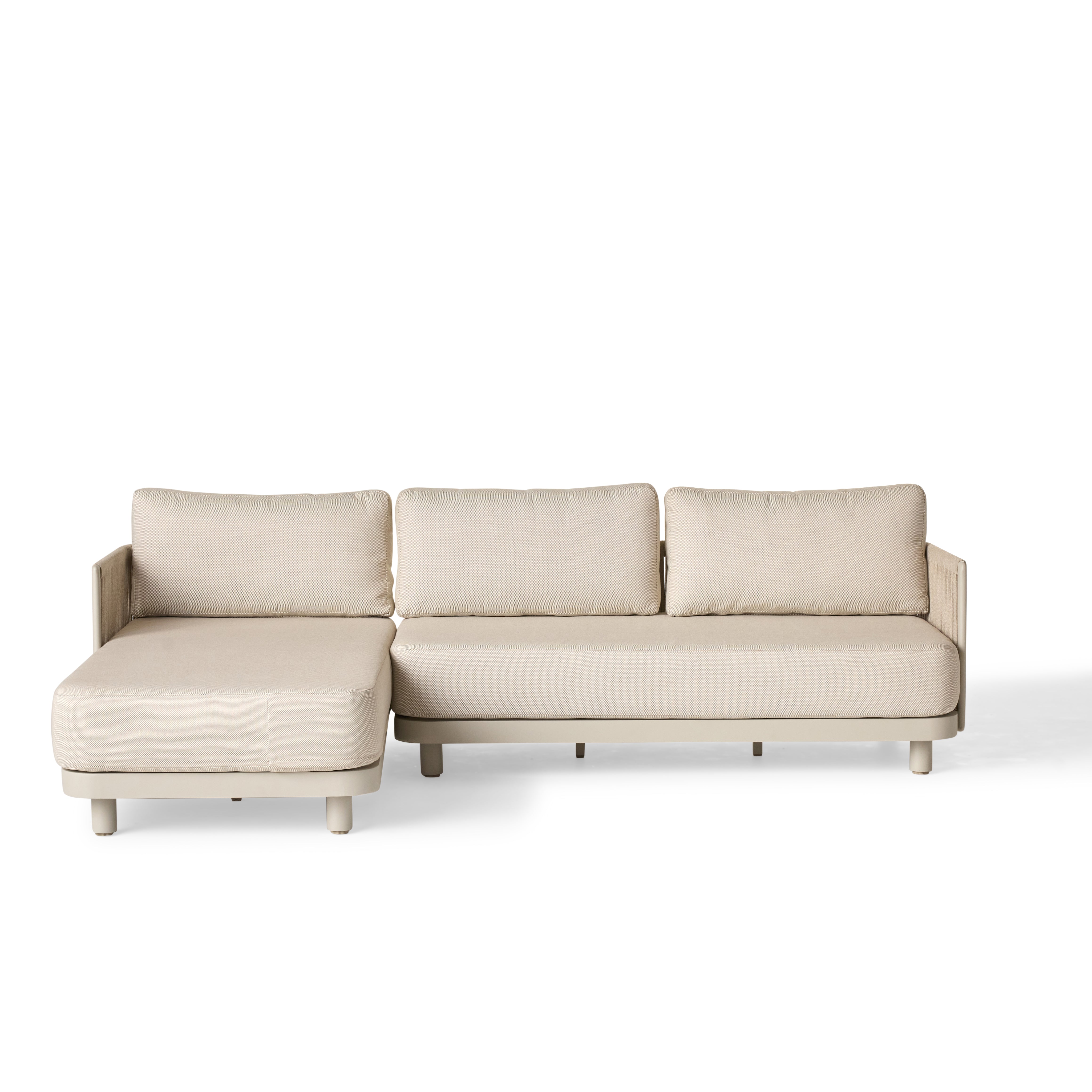 Seaside Sectional by Terra Outdoor Living — features a durable aluminum frame with Italian polyolefin rope seat back, showcasing organic curves and strong lines; includes two seat cushions and three back cushions in weather-friendly fabric for low-profile, comfortable seating ideal for relaxing, kids, and pets. Composed of a sectional loveseat and a chaise seat.