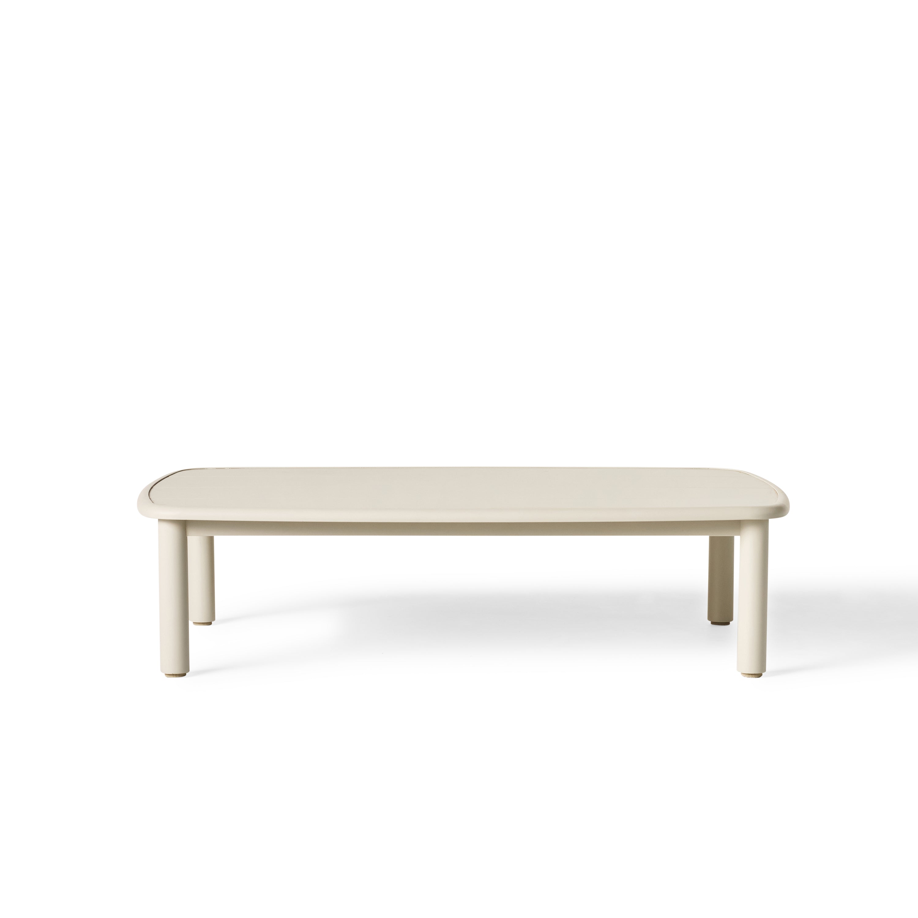 Stinson Coffee Table with durable powdercoated aluminum frame in 'Dune' finish - A light neutral hue. Featuring softly curved edges and vertical slat detailing; slatted tabletop offers ample space for drinks and snacks and allows water to drain.
