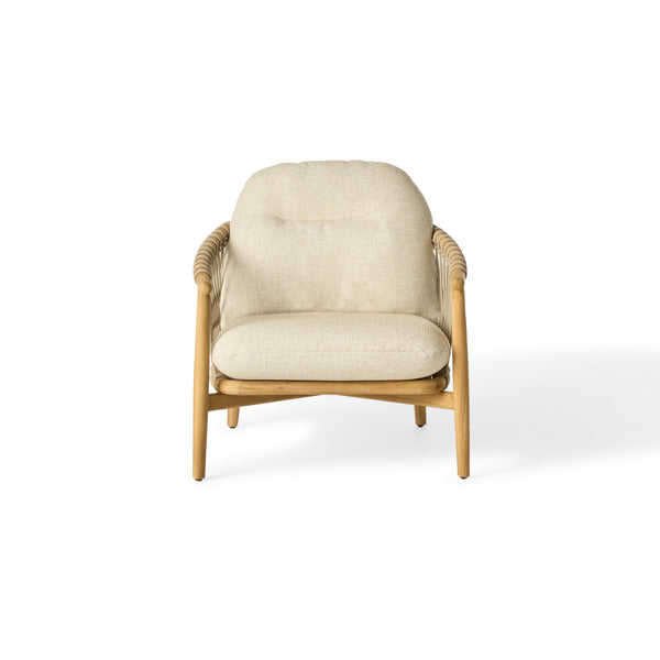 Arroyo Lounge Chair by Terra Outdoor Living — crafted with a premium teak frame and weather-friendly olefin rope in an openwork pattern, complemented by plush bouclé cushions; includes one seat cushion and one back cushion, offering a perfect balance of support and softness, perfect for creating a customized configuration with other Arroyo seating components.