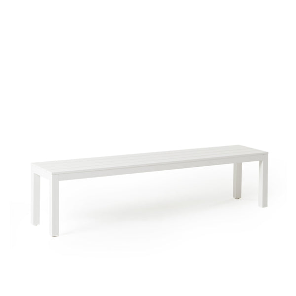 Belvedere Backless Dining Bench in White by Terra Outdoor Living, crafted from durable aluminum with a modern, streamlined slatted design, featuring clean architectural lines and an airy silhouette for versatile outdoor seating.