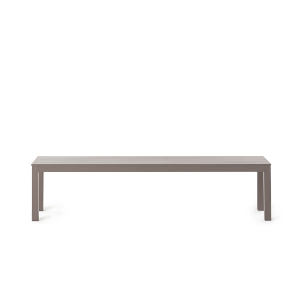 Belvedere Backless Dining Bench in Quartz Grey by Terra Outdoor Living, crafted from durable aluminum with a modern, streamlined slatted design, featuring clean architectural lines and an airy silhouette for versatile outdoor seating.