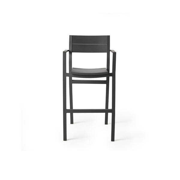 Belvedere Bar Chair in Charcoal by Terra Outdoor Living, featuring a sleek aluminum frame with a slightly scooped seat, flared back, and integrated footrest, all designed with clean architectural lines and a crisp, modern silhouette.