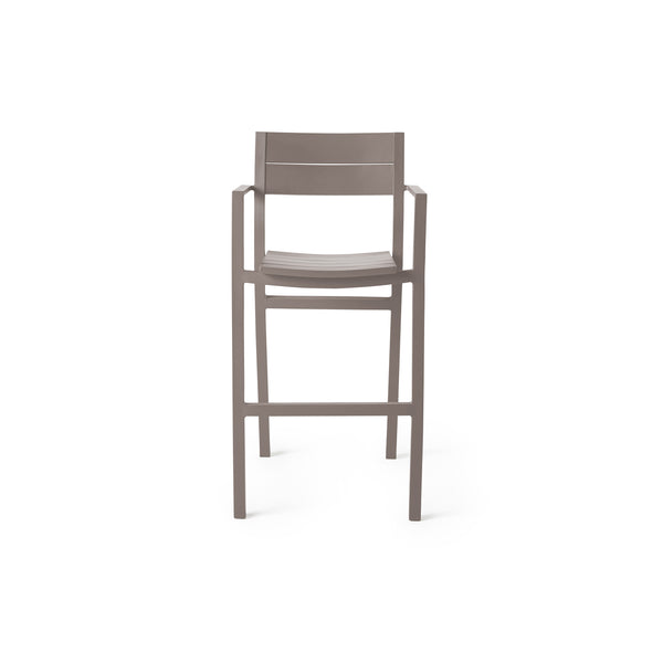 Belvedere Bar Chair in Quartz Grey by Terra Outdoor Living, featuring a sleek aluminum frame with a slightly scooped seat, flared back, and integrated footrest, all designed with clean architectural lines and a crisp, modern silhouette.