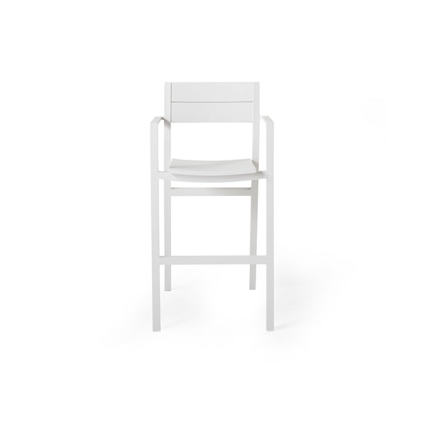 Belvedere Bar Chair in White by Terra Outdoor Living, featuring a sleek aluminum frame with a slightly scooped seat, flared back, and integrated footrest, all designed with clean architectural lines and a crisp, modern silhouette.