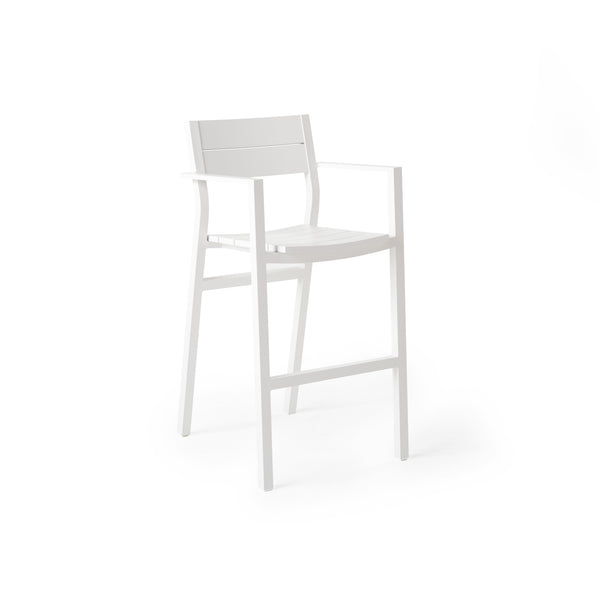 Belvedere Bar Chair in White by Terra Outdoor Living, featuring a sleek aluminum frame with a slightly scooped seat, flared back, and integrated footrest, all designed with clean architectural lines and a crisp, modern silhouette.