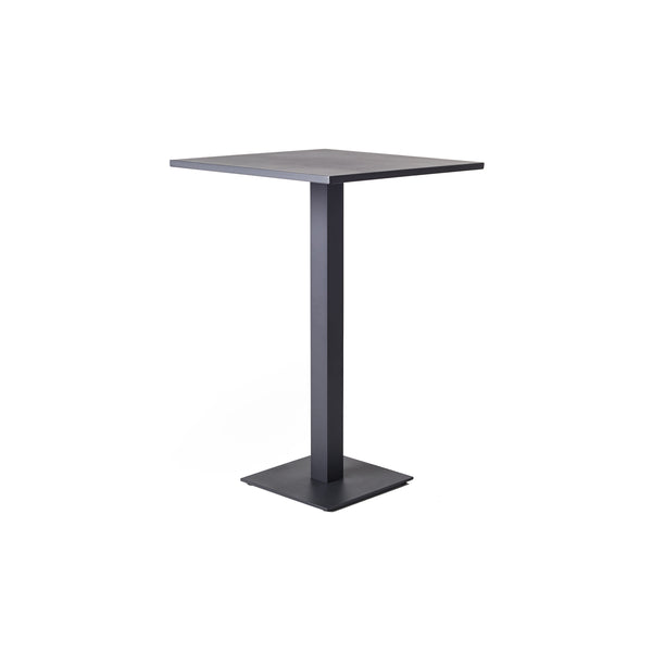 Belvedere Bar Table in Charcoal by Terra Outdoor Living, is a square bar table crafted from durable aluminum with sleek architectural lines and a weighted pedestal base for stability, offering comfortable seating for up to 2.