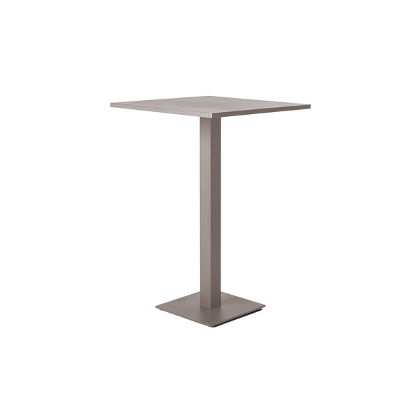 Belvedere Bar Table in Quartz Grey by Terra Outdoor Living, is a square bar table crafted from durable aluminum with sleek architectural lines and a weighted pedestal base for stability, offering comfortable seating for up to 2.