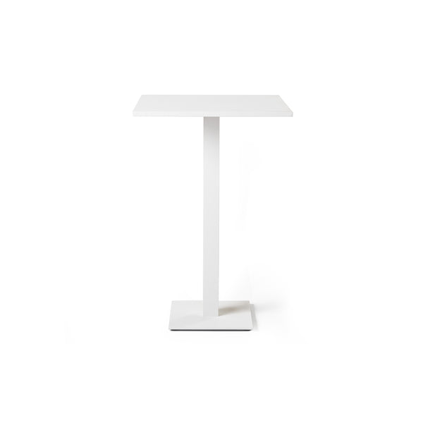Belvedere Bar Table in White by Terra Outdoor Living, is a square bar table crafted from durable aluminum with sleek architectural lines and a weighted pedestal base for stability, offering comfortable seating for up to 2.