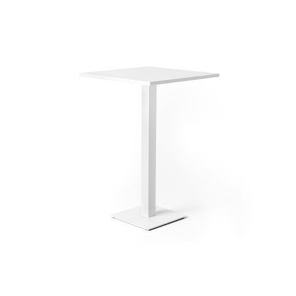 Belvedere Bar Table in White by Terra Outdoor Living, is a square bar table crafted from durable aluminum with sleek architectural lines and a weighted pedestal base for stability, offering comfortable seating for up to 2.