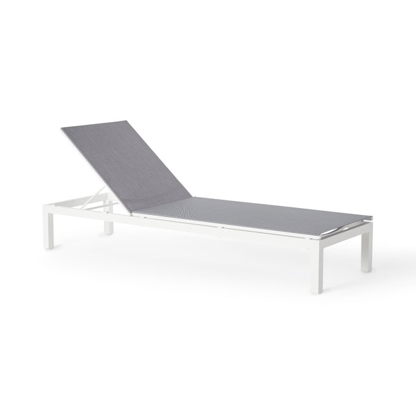 Belvedere Chaise by Terra Outdoor Living in White, featuring a sleek aluminum frames and silver-grey colored Textilene sling fabric that resists tears, retains shape, and dries quickly. This chaise reclines to 5 positions, including fully flat, with hidden wheels for easy maneuvering, offering comfort and durability for years of outdoor relaxation. 