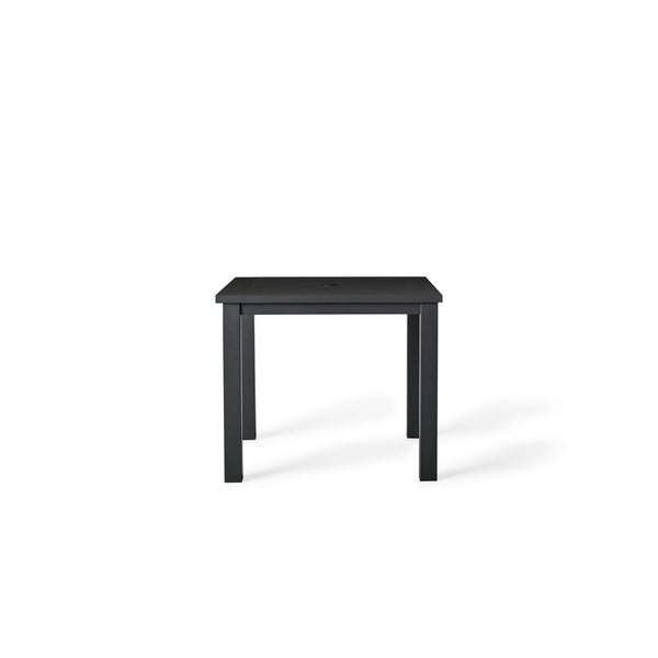 Belvedere Square Dining Table by Terra Outdoor Living in Charcoal, shown with a slatted aluminum top and central umbrella hole, featuring a clean-lined, modern silhouette in a compact size for versatile outdoor placement. 
