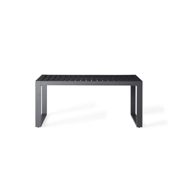 Belvedere Gathering Height Table by Terra Outdoor Living, shown in Charcoal Aluminum with clean architectural lines, a slatted top for drainage, and an inviting mid-height silhouette designed for relaxed outdoor dining and entertaining.
