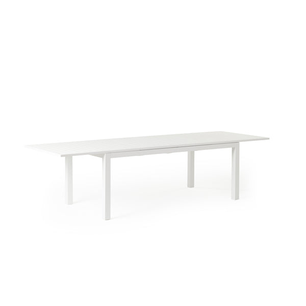 Belvedere Extension Dining Table in White by Terra Outdoor Living, crafted from durable aluminum with a sleek, modern design, featuring clean architectural lines, an airy silhouette, and built-in extension leaves for versatile outdoor entertaining. Shown at full extension to seat up to 10.
