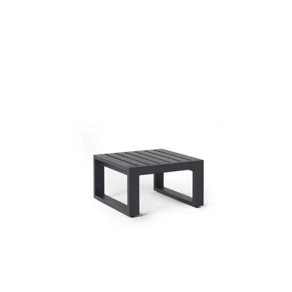 The Belvedere Side Table in Charcoal Aluminum by Terra Outdoor Living. Compact slatted side table, with architectural clean lines and sled style legs.