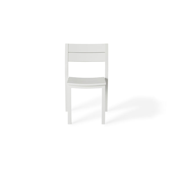 Belvedere Side Chair by Terra Outdoor Living, featuring a sleek white aluminum frame with a slightly scooped seat and flared back, shown in a modern, airy silhouette designed for comfort and easy stacking.