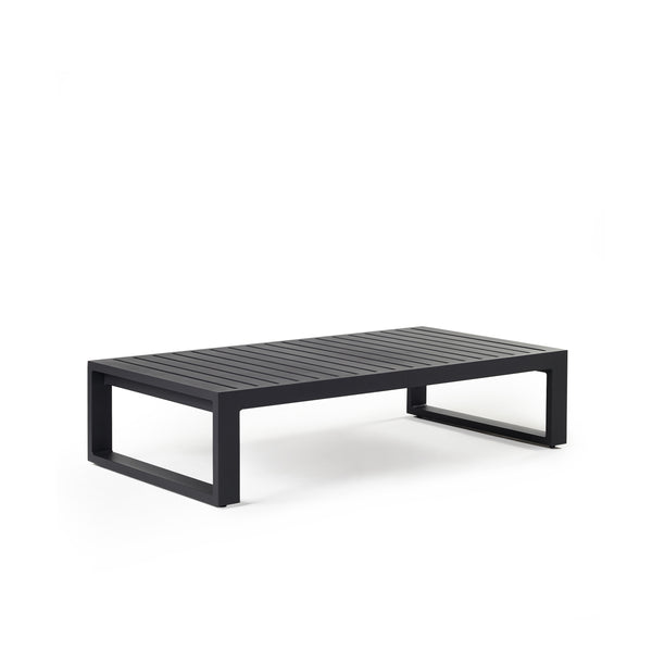 Belvedere Coffee Table by Terra Outdoor Living, crafted from durable powdercoated aluminum in a 'Charcoal' color, features architectural lines, a slatted top for easy drainage sled-style legs, and a lightweight frame that complements the collection’s modern, low-profile seating.