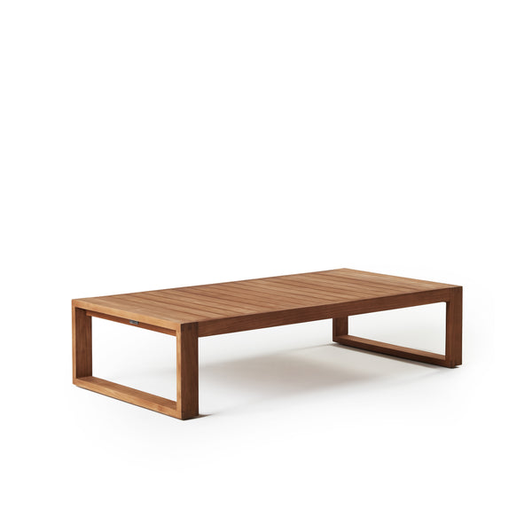 Belvedere Coffee Table by Terra Outdoor Living, crafted from solid premium teak with a crisp, modern feel, features clean architectural lines, a slatted top for water drainage, sled-style legs and a timeless design that complements a wide range of seating options.