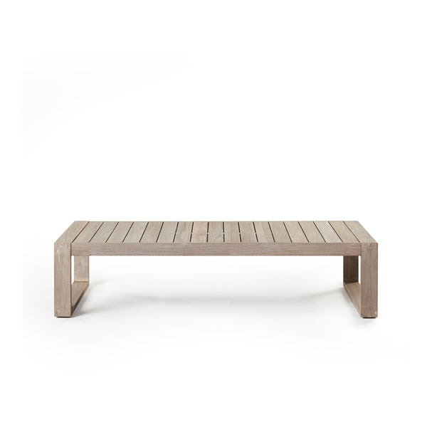 Belvedere Coffee Table in Weathered Teak by Terra Outdoor Living, crafted from solid premium teak in a weathered finish with a crisp, modern feel, features clean architectural lines, a slatted top for water drainage, sled-style legs and a timeless design that complements a wide range of seating options.