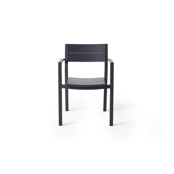 Belvedere Dining Chairs in Charcoal by Terra Outdoor Living combine expertly crafted aluminum and durable finishes with a slightly scooped seat and flared back for enhanced comfort, straight arms for support plus a stackable design for easy, compact storage.