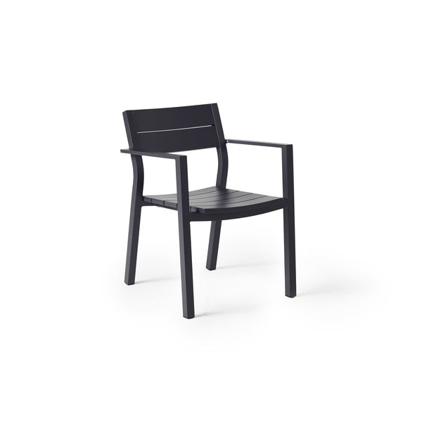 Belvedere Dining Chairs in Charcoal by Terra Outdoor Living combine expertly crafted aluminum and durable finishes with a slightly scooped seat and flared back for enhanced comfort, straight arms for support plus a stackable design for easy, compact storage.