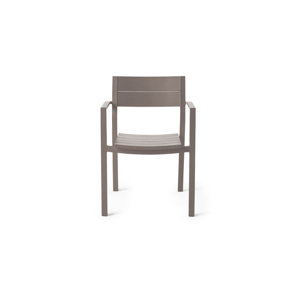 Belvedere Dining Chairs in Quartz Grey by Terra Outdoor Living combine expertly crafted aluminum and durable finishes with a slightly scooped seat and flared back for enhanced comfort, straight arms for support, plus a stackable design for easy, compact storage.