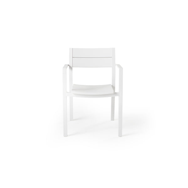 Belvedere Dining Chair in White by Terra Outdoor Living combines expertly crafted aluminum and durable finishes with a slightly scooped seat and flared back for enhanced comfort, straight arms for support, plus a stackable design for easy, compact storage.