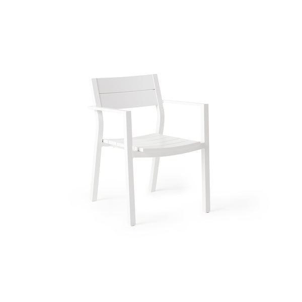 Belvedere Dining Chair in White by Terra Outdoor Living combines expertly crafted aluminum and durable finishes with a slightly scooped seat and flared back for enhanced comfort, straight arms for support, plus a stackable design for easy, compact storage.