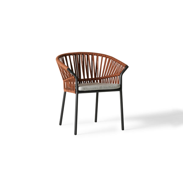 Del Mar Dining Chair by Terra Outdoor Living — features an aluminum frame in 'Charcoal' and 'Rust' Italian polyolefin rope seat back; includes one seat cushion and one back cushion (not shown in this picture) in weather-friendly fabric, offering low-profile comfort and stylish support, perfect for pairing with the Del Mar Dining Table or any dining table.