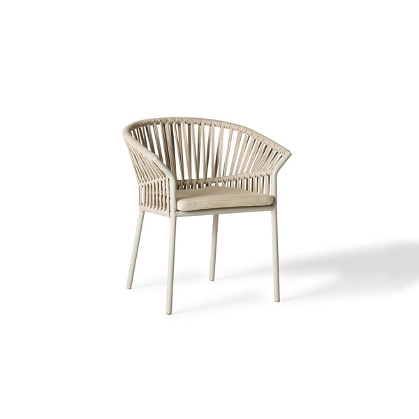 Del Mar Dining Chair by Terra Outdoor Living — features an aluminum frame in 'Dune' and beige Italian polyolefin rope seat back; includes one seat cushion and one back cushion (not shown in this picture) in weather-friendly fabric, offering low-profile comfort and stylish support, perfect for pairing with the Del Mar Dining Table or any dining table.