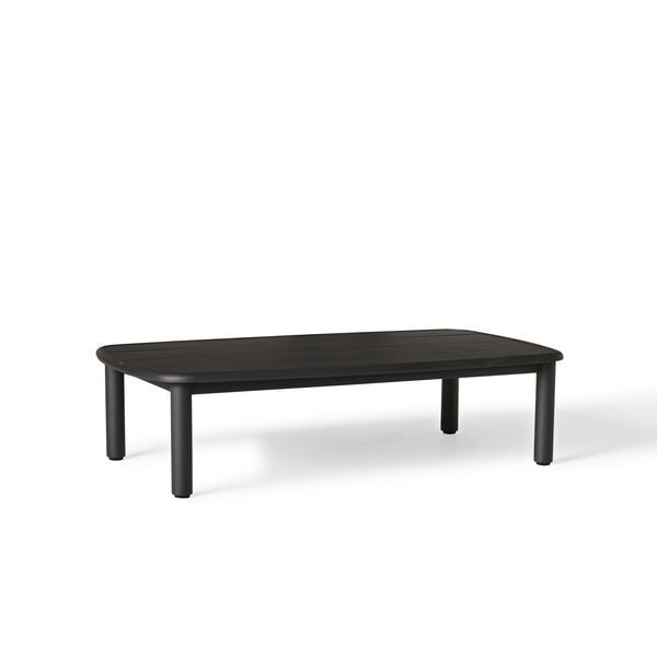 Stinson Coffee Table in Aluminum by Terra Outdoor Living — features a durable powdercoated aluminum frame in a charcoal finish with a slatted top that allows water to drain; expansive surface offers plenty of room for drinks and snacks, perfect for pairing with Stinson seating components.