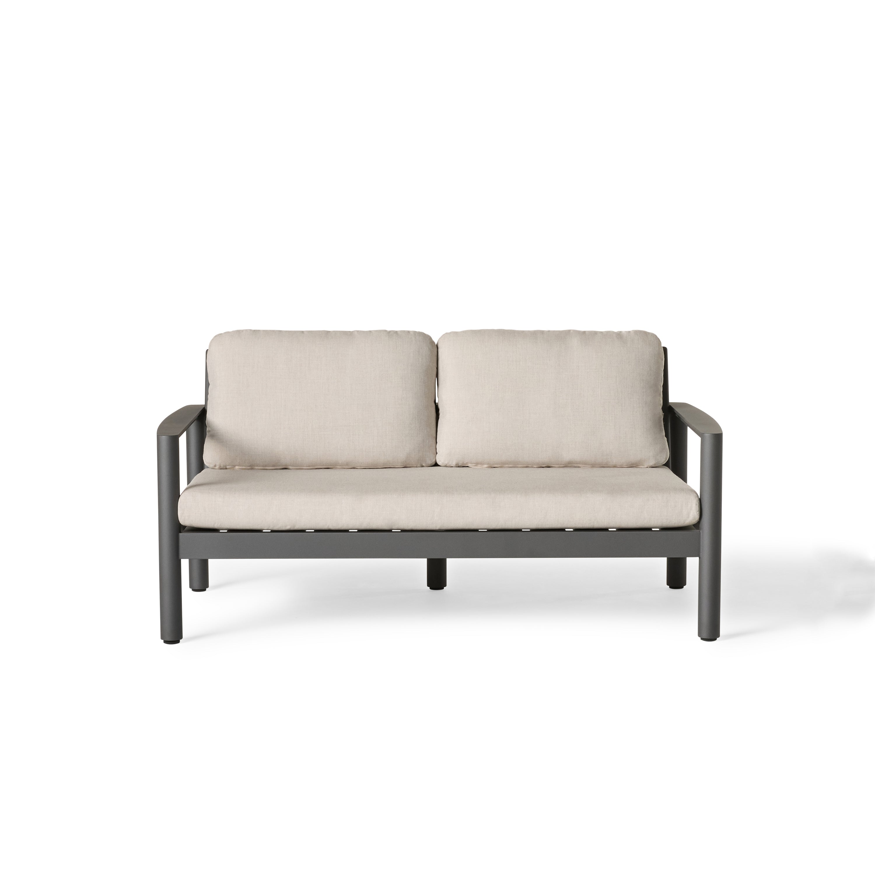 Stinson Loveseat in Charcoal Aluminum by Terra Outdoor Living — features a powdercoated aluminum frame with Italian rope seat back, curved lines, and vertical slats for a wraparound silhouette; includes one long seat cushion and two back cushions in weather-friendly fabric for outdoor comfort and durability.