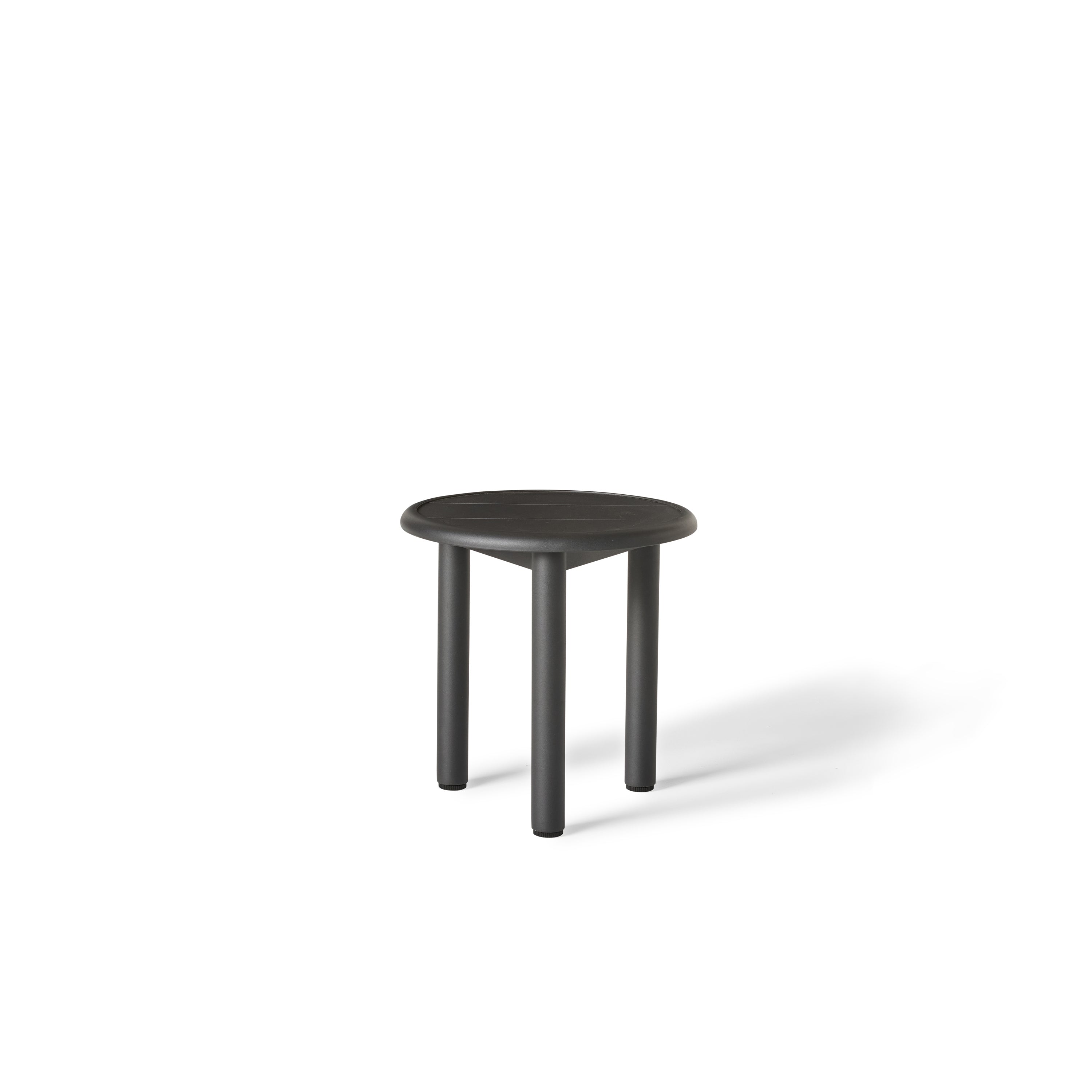 Stinson Side Table in Aluminum by Terra Outdoor Living — features a powdercoated aluminum frame in a charcoal finish with a slatted top that allows water to drain; compact tabletop provides space for a drink and a book, perfect for pairing with Stinson seating components.