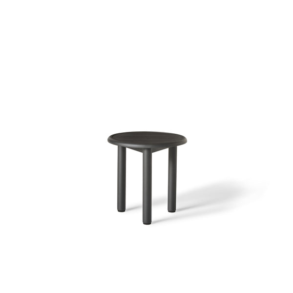 Stinson Side Table in Aluminum by Terra Outdoor Living — features a powdercoated aluminum frame in a charcoal finish with a slatted top that allows water to drain; compact tabletop provides space for a drink and a book, perfect for pairing with Stinson seating components.